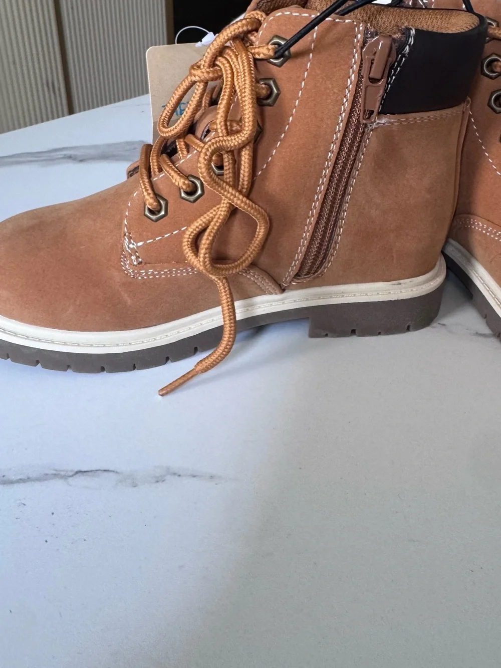 Kids Suede Lace-Up Ankle Boots in Tan with Brown Collar